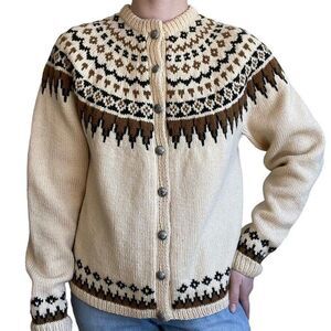 Vintage 1960s Womens Handknitted in Norway Fair Isle Wool Brown Tan Cardigan M